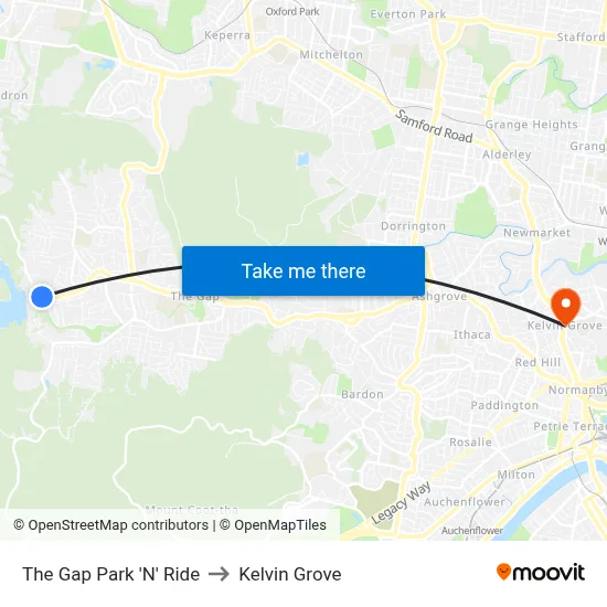 The Gap Park 'N' Ride to Kelvin Grove map