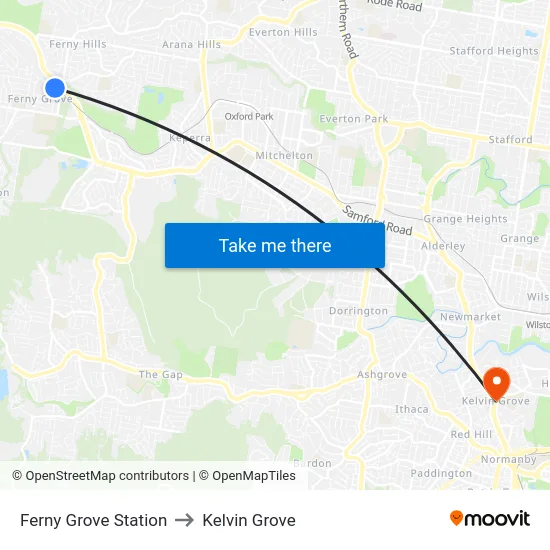 Ferny Grove Station to Kelvin Grove map