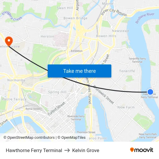 Hawthorne Ferry Terminal to Kelvin Grove map