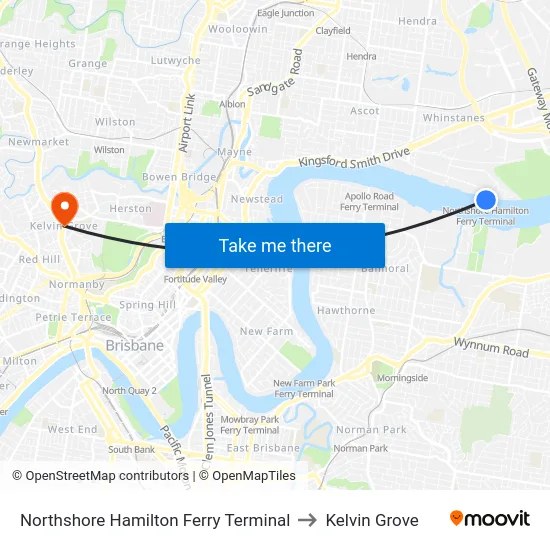 Northshore Hamilton Ferry Terminal to Kelvin Grove map