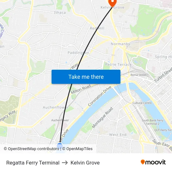 Regatta Ferry Terminal to Kelvin Grove map