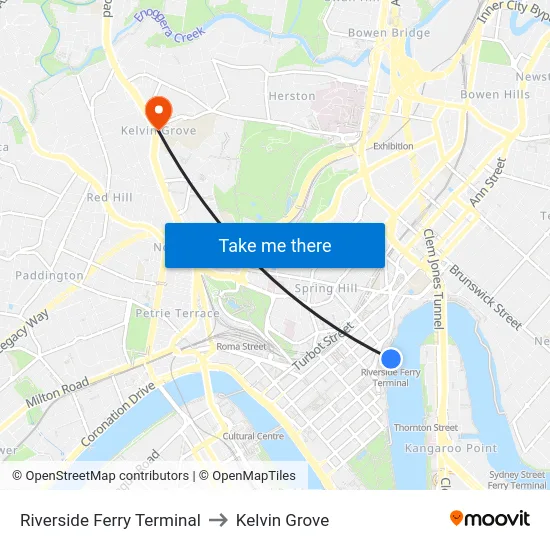 Riverside Ferry Terminal to Kelvin Grove map