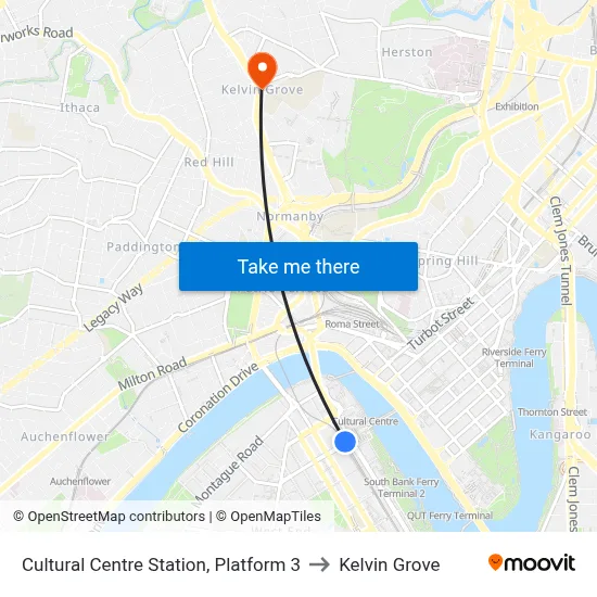 Cultural Centre Station, Platform 3 to Kelvin Grove map