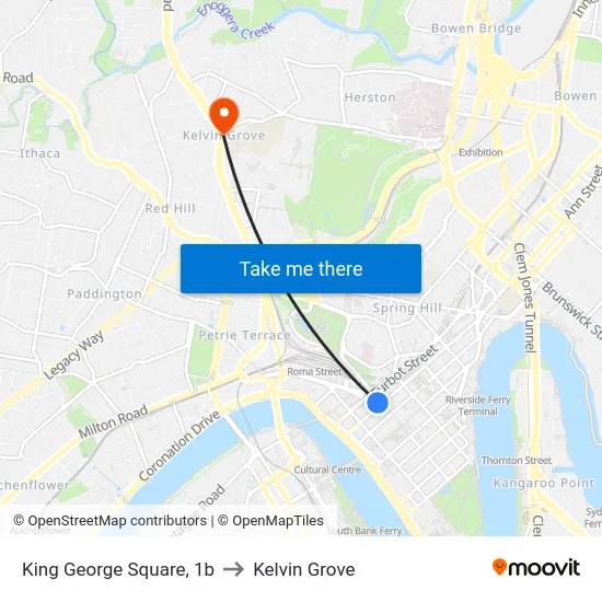 King George Square, 1b to Kelvin Grove map