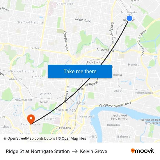 Ridge St at Northgate Station to Kelvin Grove map