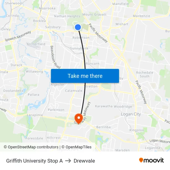 Griffith University Stop A to Drewvale map
