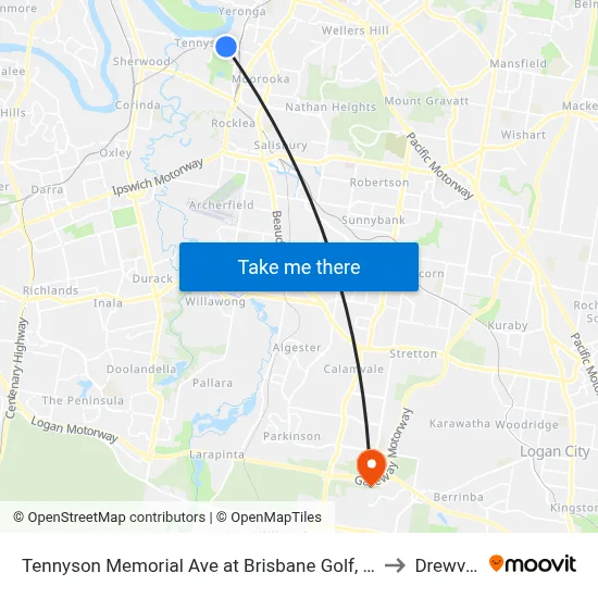 Tennyson Memorial Ave at Brisbane Golf, Stop 36 to Drewvale map