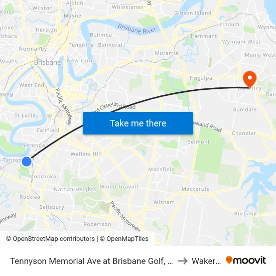 Tennyson Memorial Ave at Brisbane Golf, Stop 36 to Wakerley map