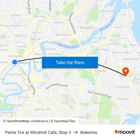 Petrie Tce at Windmill Cafe, Stop 3 to Wakerley map
