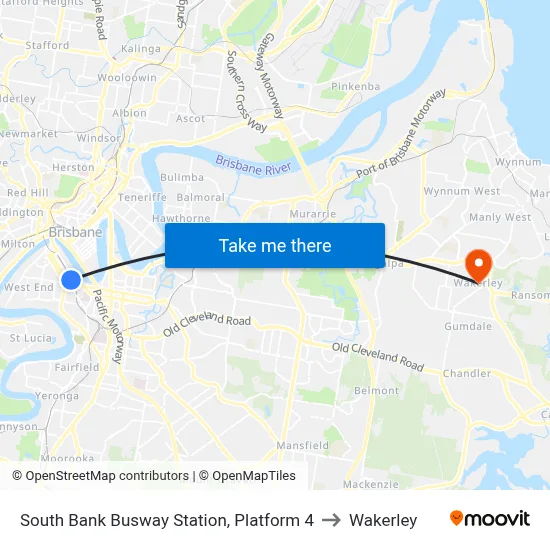 South Bank Busway Station, Platform 4 to Wakerley map
