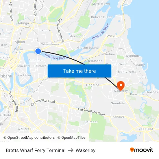 Bretts Wharf Ferry Terminal to Wakerley map