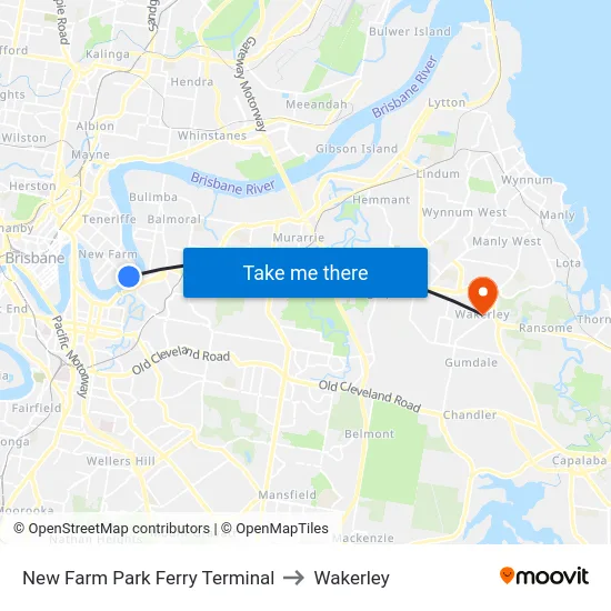 New Farm Park Ferry Terminal to Wakerley map