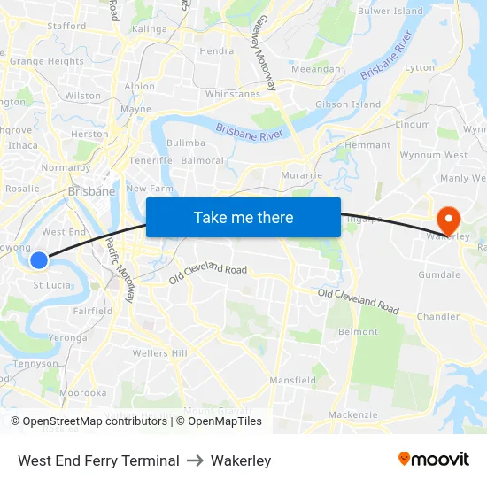 West End Ferry Terminal to Wakerley map