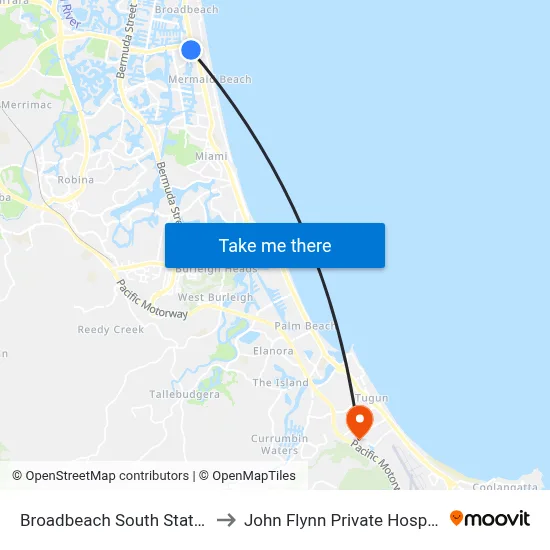 Broadbeach South Station to John Flynn Private Hospital map