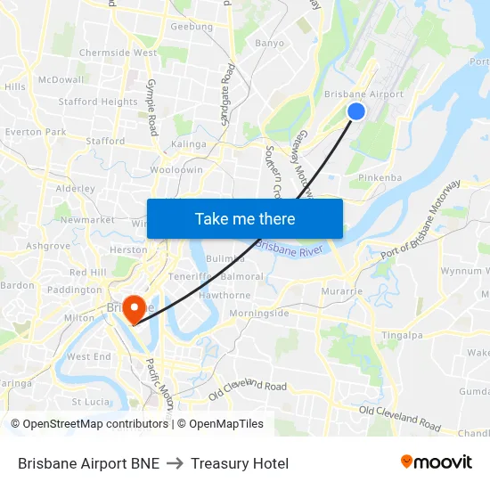 Brisbane Airport BNE to Treasury Hotel map