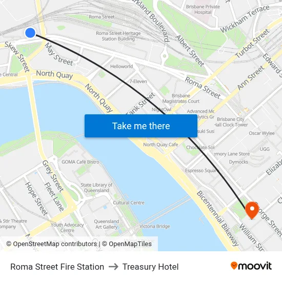 Roma Street Fire Station to Treasury Hotel map