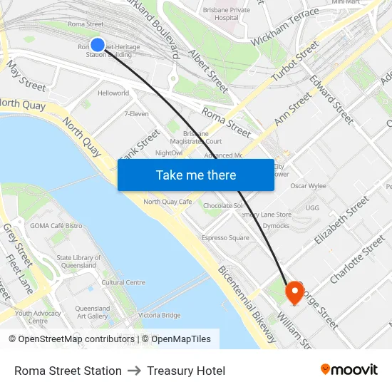 Roma Street Station to Treasury Hotel map