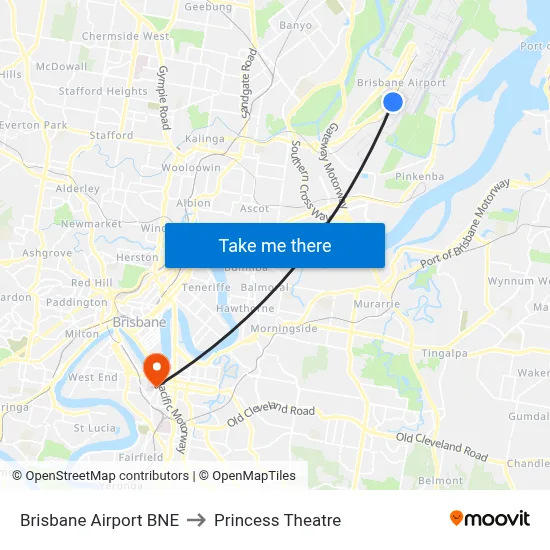 Brisbane Airport BNE to Princess Theatre map