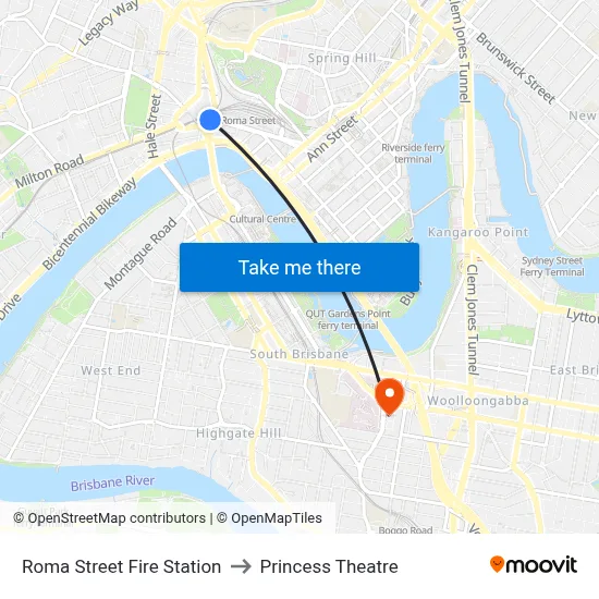Roma Street Fire Station to Princess Theatre map