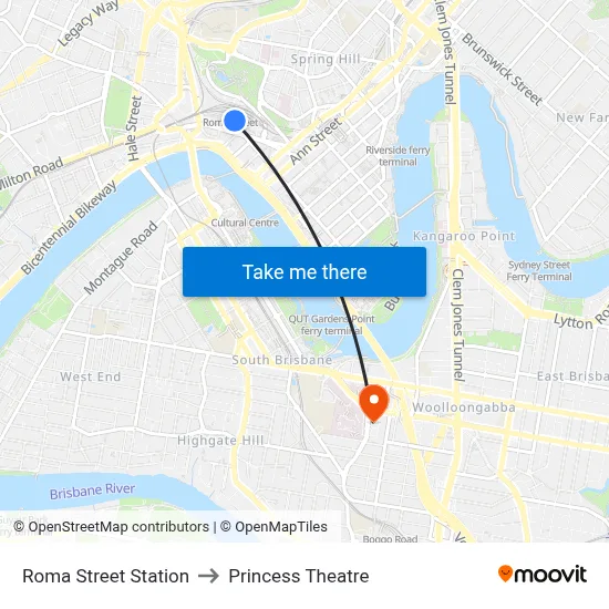 Roma Street Station to Princess Theatre map