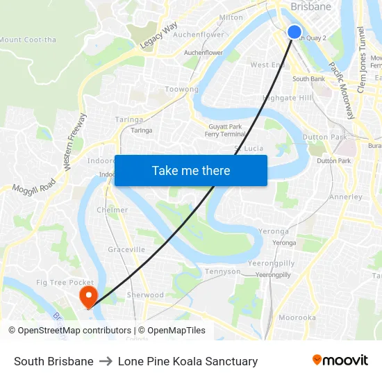 South Brisbane to Lone Pine Koala Sanctuary map
