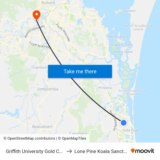 Griffith University Gold Coast to Lone Pine Koala Sanctuary map