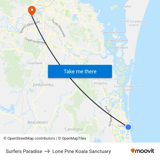 Surfers Paradise to Lone Pine Koala Sanctuary map