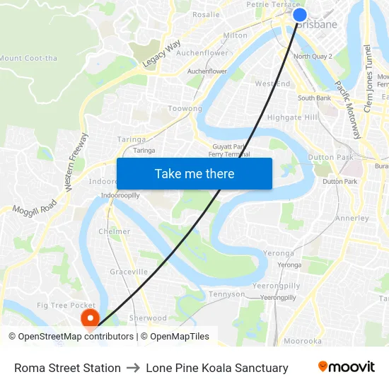 Roma Street Station to Lone Pine Koala Sanctuary map