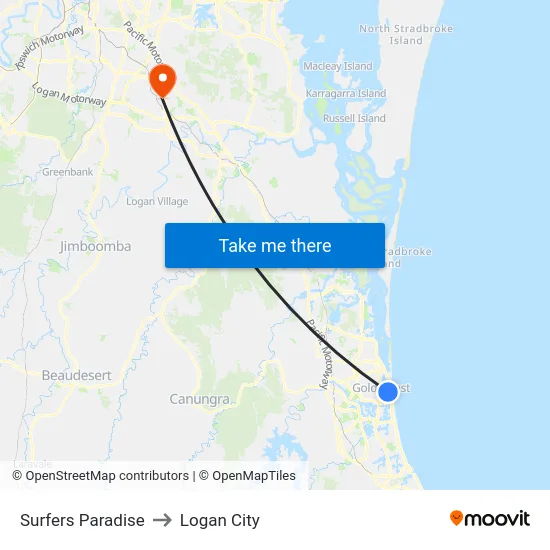 Surfers Paradise to Logan City map