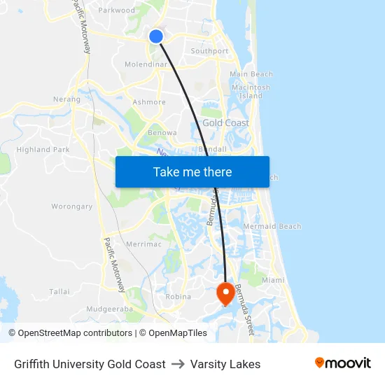Griffith University Gold Coast to Varsity Lakes map