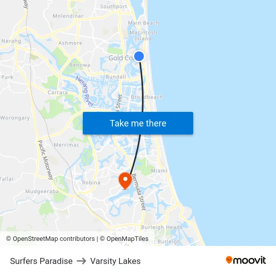 Surfers Paradise to Varsity Lakes map