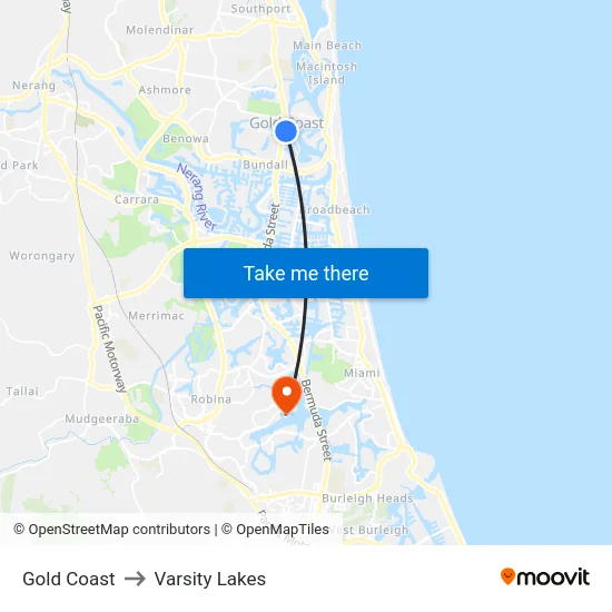 Gold Coast to Varsity Lakes map