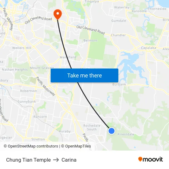 Chung Tian Temple to Carina map
