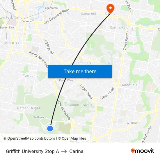 Griffith University Stop A to Carina map