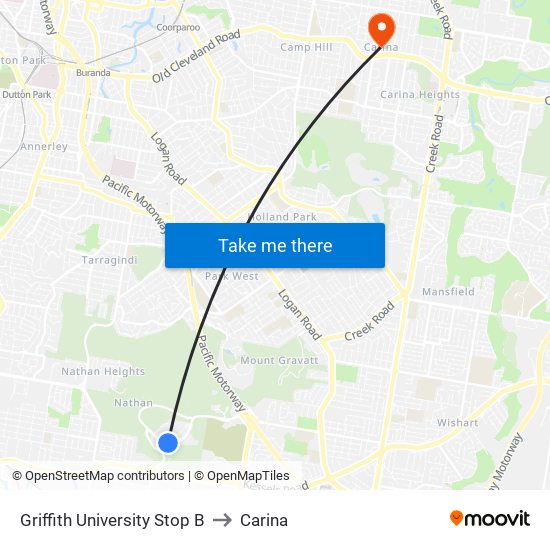 Griffith University Stop B to Carina map