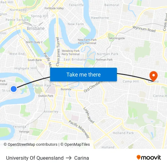 University Of Queensland to Carina map