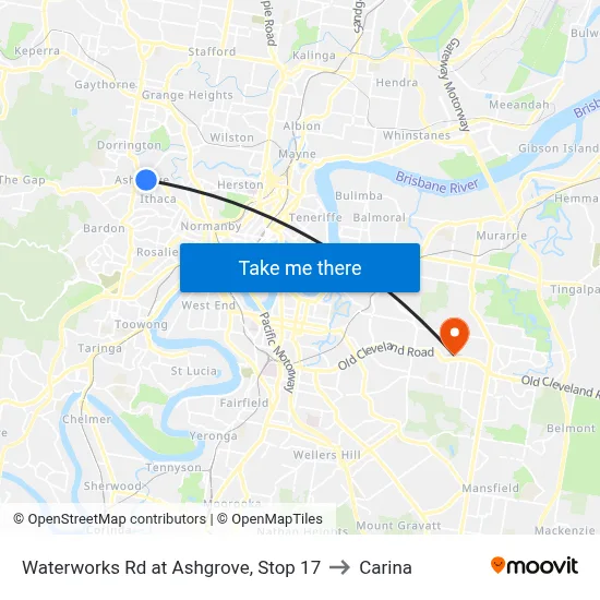 Waterworks Rd at Ashgrove, Stop 17 to Carina map