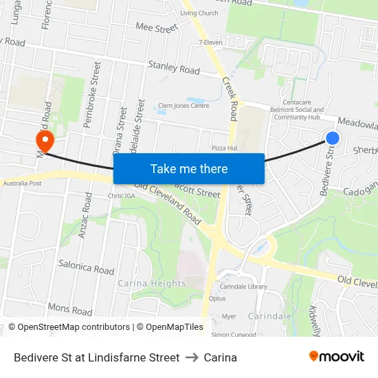 Bedivere St at Lindisfarne Street to Carina map