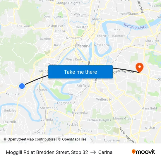 Moggill Rd at Bredden Street, Stop 32 to Carina map