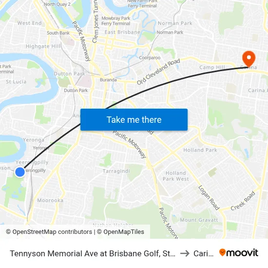 Tennyson Memorial Ave at Brisbane Golf, Stop 36 to Carina map