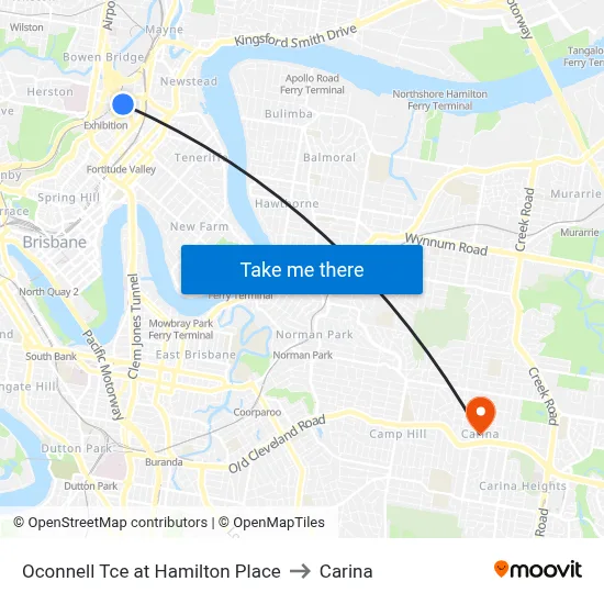 Oconnell Tce at Hamilton Place to Carina map