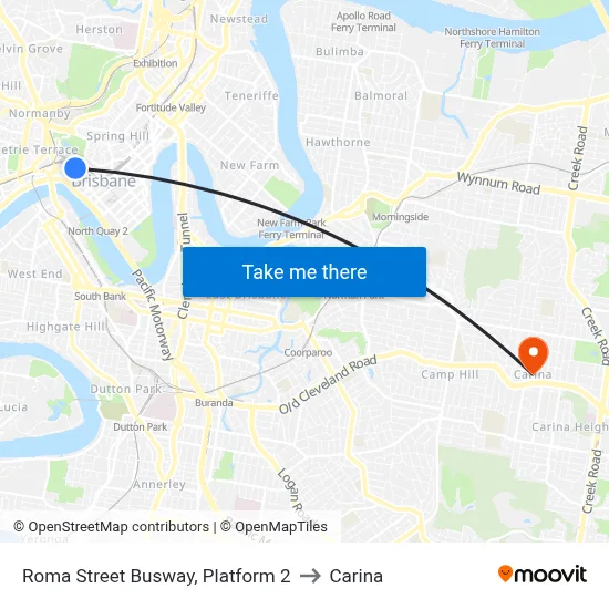 Roma Street Busway, Platform 2 to Carina map