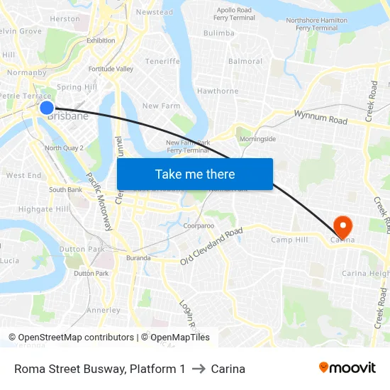 Roma Street Busway, Platform 1 to Carina map