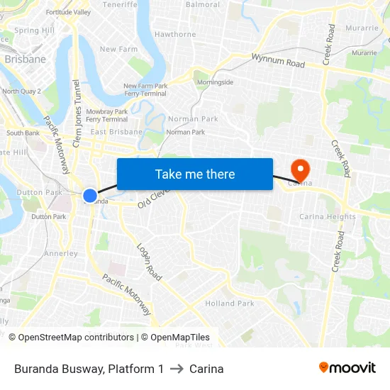 Buranda Busway, Platform 1 to Carina map