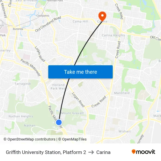 Griffith University Station, Platform 2 to Carina map