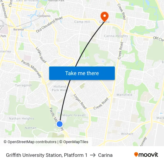 Griffith University Station, Platform 1 to Carina map
