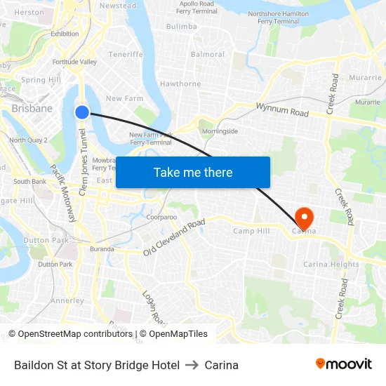 Baildon St at Story Bridge Hotel to Carina map
