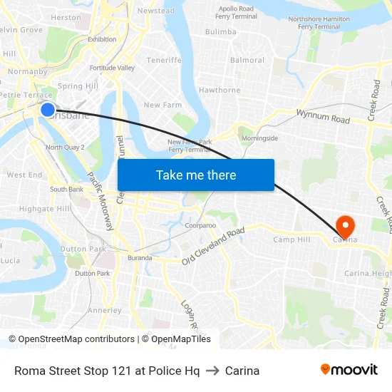 Roma Street Stop 121 at Police Hq to Carina map