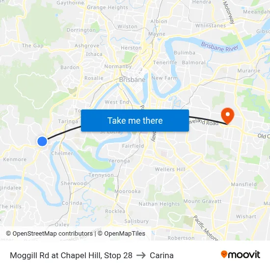 Moggill Rd at Chapel Hill, Stop 28 to Carina map