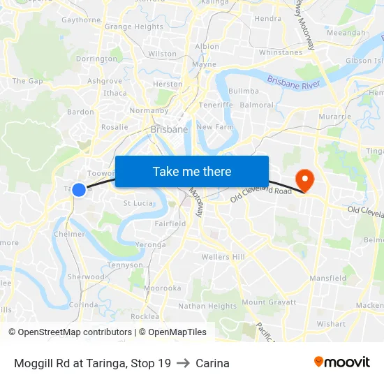 Moggill Rd at Taringa, Stop 19 to Carina map